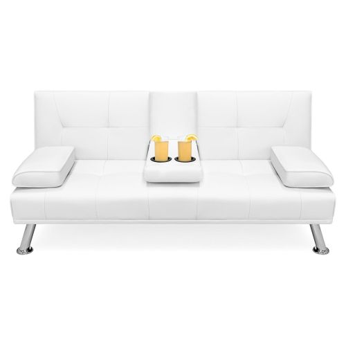 White Faux Leather Convertible Sofa Futon with 2 Cup Holders