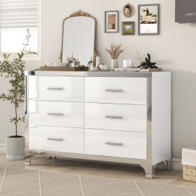 Elegant High Gloss Dresser with Metal Handle,Mirrored Storage Cabinet with 6 Drawers for Bedroom,Living Room (material: MDF, Color: White)