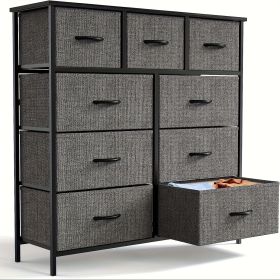 Dresser for Bedroom with 9 Fabric Drawers, Tall Chest Organizer Units for Clothing, Closet, Storage Tower with Cabinet, Metal Frame, Wooden Top (Color: grey)