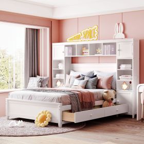 Full Size Wooden Bed With All-in-One Cabinet and Shelf, White (Color: as Pic)